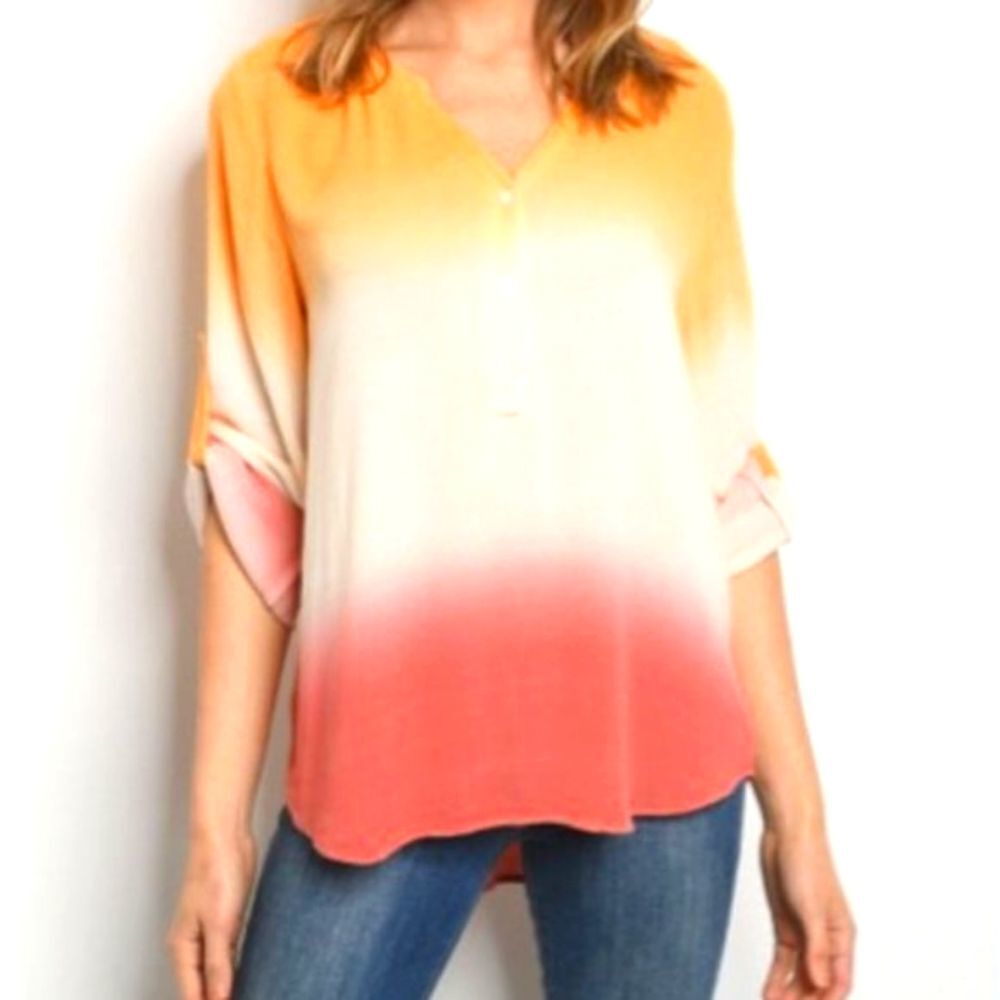 Boho V-Neck Tunic Ombre` Button Front Dip Dye Top NEW - Picture 2 of 12
